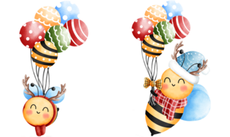 Happy little bees wearing a blue beanie and red scarf with antlers and colorful balloons set. png