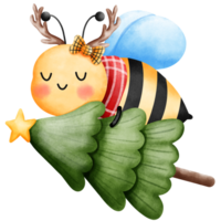 Happy little bee wearing a red scarf with antler and bow holdind a christmas tree. png