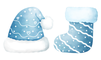 Set of watercolor blue christmas hat and sock illustration.Cute watercolor christmas accessory. png