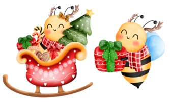 Set of cheerful little bees with red sleigh,gift box and christmas ornaments.Cute animal with christmas accessories illustration. png