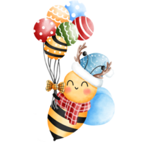 Lycklig liten bi bär en blå mössa och röd scarf med hjorthorn och jul ballonger. png