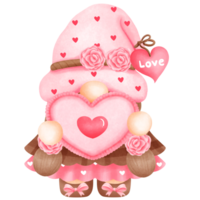 Whimsical watercolor pink gnome with candy heart clipart,Waatercolor gnome girl with candy illustration. png