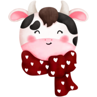 Adorable watercolor happy baby cow with red scarf illustration.Cheerful animal clipart. png