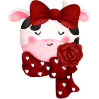 Adorable watercolor baby cow with red rose and scarf.Hand drawn cute farm animal art. png