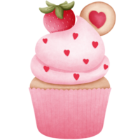 Romantic watercolor strawberry cupcake with whipped craem and cookie clipart.Whimsical valentine dessert illustration. png