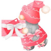 romantisk gnome med gåva låda och kärlek brev clipart, vattenfärg gnome flicka med valentines gåva illustration. png