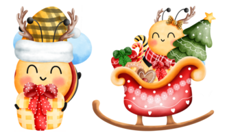 einstellen von glücklich wenig Bienen mit rot Schlitten, Geschenk Box und Weihnachten Ornamente.süß Tier mit Weihnachten Zubehör Illustration. png