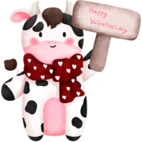 Adorable watercolor cute baby cow with wooden sign for valentines day. png