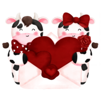 Watercolor cute baby cows in love.Valentine animal couple illustration. png