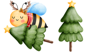 einstellen von Aquarell glücklich wenig Biene tragen ein rot Schal und Geweih mit Weihnachten Baum. süß Tier mit Weihnachten Zubehör Illustration. png