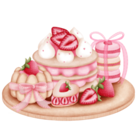 Watercolor strawberry dessert clipart on wooden plate.Whimsical valentine sweet decoration. png