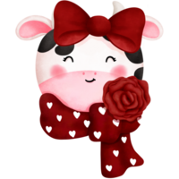Watercolor baby cow with red rose and scarf illustration.Hand painted cute farm animal art. png