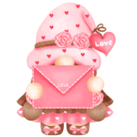 Whimsical watercolor pink gnome with love letter clipart,Waatercolor gnome girl with mail illustration. png