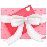 Watercolor pink valentine gift box with red love letter and white bow ribbon clipart. png