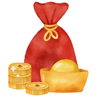 Red bag for Chinese New Year and golden coins. png