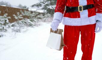 Santa Claus outdoor in winter and snow handing in hand eco paper bags with craft gift, food delivery. Shopping, packaging recycling, handmade, delivery for Christmas and New year photo