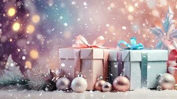 AI generated Christmas background with gift boxes with bows in delicate pink, beige, blue tones, bokeh and fairy light. Festive mood Christmas and New Year. AI generated photo