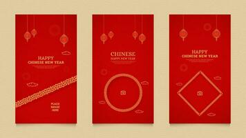 Chinese Happy New Year Social Media Stories Collection Template with Pattern Border and Chinese Lanterns with Empty Space for Photo vector