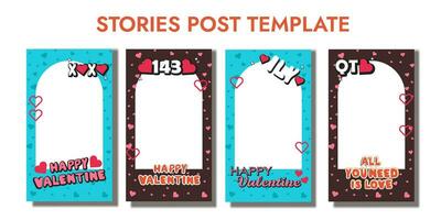 Valentine day stories banners set Printable photo frames with pink hearts template, Valentines day greetings card layout, pink background with handrawn text font, Valentine template greetings frame vector