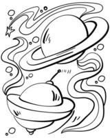 Spaceship in space between planets, UFO coloring page for kids activity vector