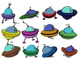 Set of spaceships of different shapes and colors, Various UFO vehicles for design and creativity vector