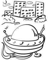 Alien spaceship in the city at night, coloring page with UFO on the background of houses for creative activity vector