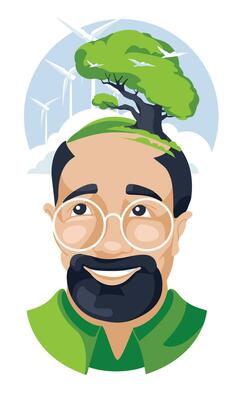 Think about the eco design concept. Portrait of a man with trees and electric windmills. Environmental lifestyle. Vector flat illustration