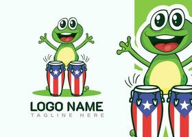 green frog playing drum and celebrating. cartoon vector logo illustration.