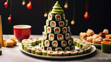 AI generated appetizer in shape of Christmas tree from rolls, sushi, red fish, traditional Japanese cuisine on festive New Year's table. Menu, recipe and beautiful presentation. . AI generated photo