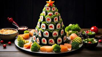 AI generated appetizer in shape of Christmas tree from rolls, sushi, red fish, traditional Japanese cuisine on festive New Year's table. Menu, recipe and beautiful presentation. . AI generated photo