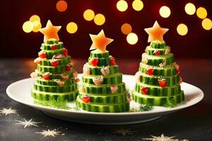 AI generated appetizer in shape of Christmas trees of red fish and fresh cucumber on the festive New Year's table. The recipe and the beautiful presentation. Christmas decor and table setting. photo