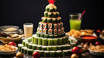 AI generated appetizer in shape of Christmas tree from rolls, sushi, red fish, traditional Japanese cuisine on festive New Year's table. Menu, recipe and beautiful presentation. . AI generated photo