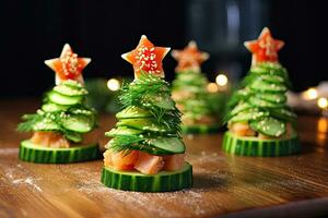 AI generated appetizer in shape of Christmas trees of red fish and fresh cucumber on the festive New Year's table. The recipe and the beautiful presentation. Christmas decor and table setting. photo