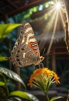 ai generado un mariposa es sentado en un planta con hojas foto