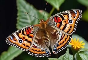 AI generated a butterfly with blue and orange wings is on a green leaf photo