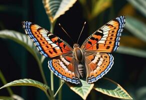 ai generado un mariposa con azul y naranja alas es en un verde hoja foto