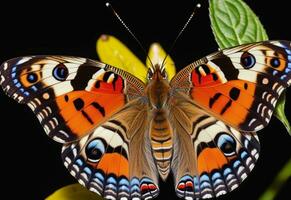 ai generado un mariposa con azul y naranja alas es en un verde hoja foto