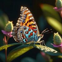 ai generado un mariposa es sentado en un planta con hojas foto