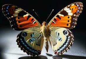 ai generado un mariposa con azul y naranja alas es en un verde hoja foto