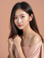 AI generated Beautiful woman  on peach background photo