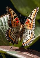 ai generado un mariposa es sentado en un planta con hojas foto