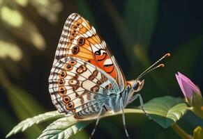 AI generated a butterfly is sitting on a plant with leaves photo
