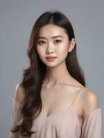 AI generated Beautiful woman  on peach background photo