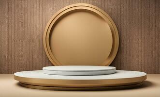 AI generated 3d render of a round oval mirror on a wooden table photo