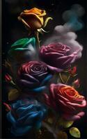 ai generado Tres rosas con fumar y colores foto