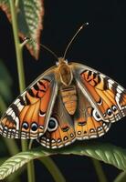 ai generado un mariposa es sentado en un planta con hojas foto