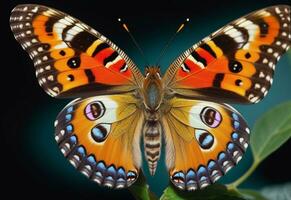 ai generado un mariposa con azul y naranja alas es en un verde hoja foto