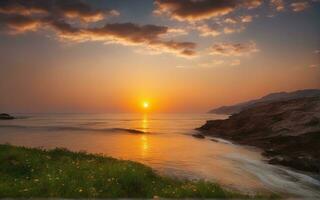 AI generated a beautiful sunset over the ocean with waves photo