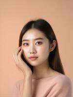 AI generated Beautiful woman  on peach background photo