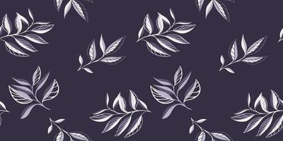 Creative minimalist seamless tropical stem leaves pattern on a dark grey background. Vector hand drawn.  Abstract botanical leaf print. Template for textile, fashion, surface design, fabric, wallpaper